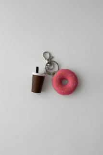 Donut-Kahve Gümüş Zincir Anahtarlık, Çanta Süsü