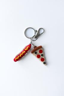 Pizza-Hot Dog Fleksi Gümüş Zincir Anahtarlık, Çanta Süsü