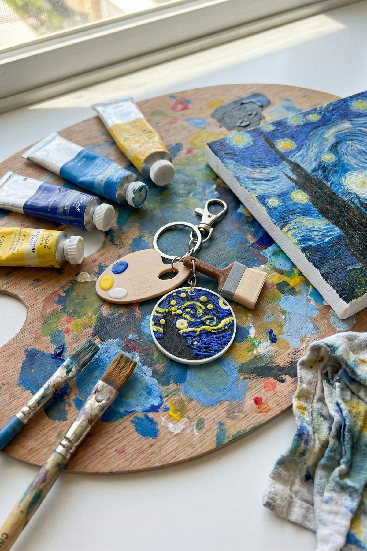 Van Gogh Starry Night Gümüş Zincir Anahtarlık, Çanta Süsü